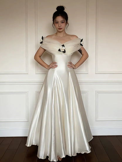 Robes de mariée romantiques, épaules dénudées, en satin blanc, pour mariage d'été, N4268