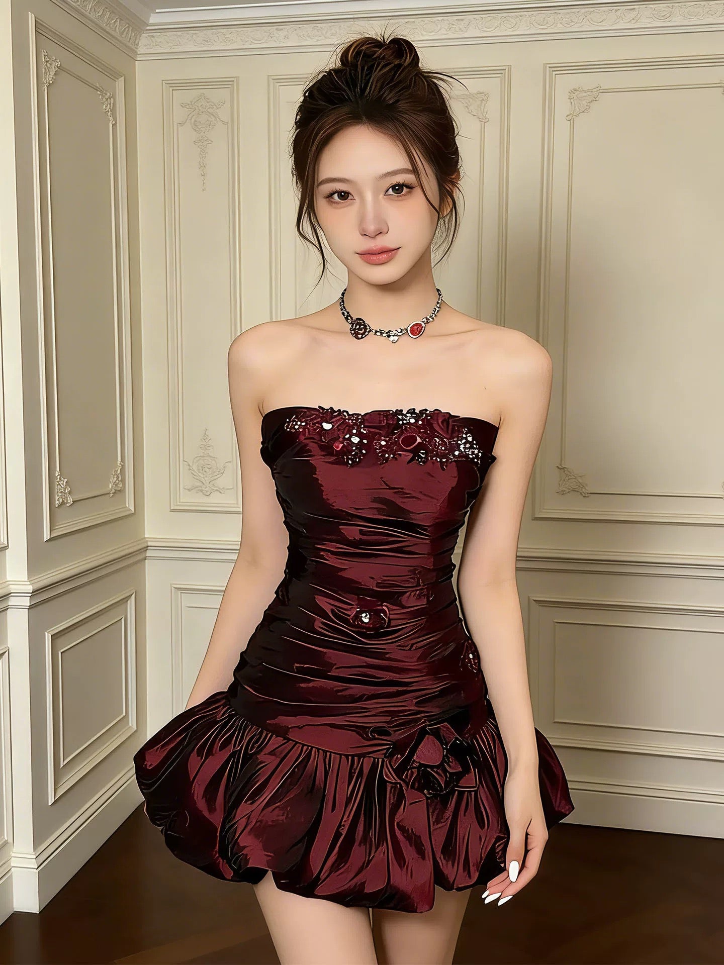 Robe de soirée bustier vintage en satin bordeaux courte mini Robes de cocktail de bal N4269