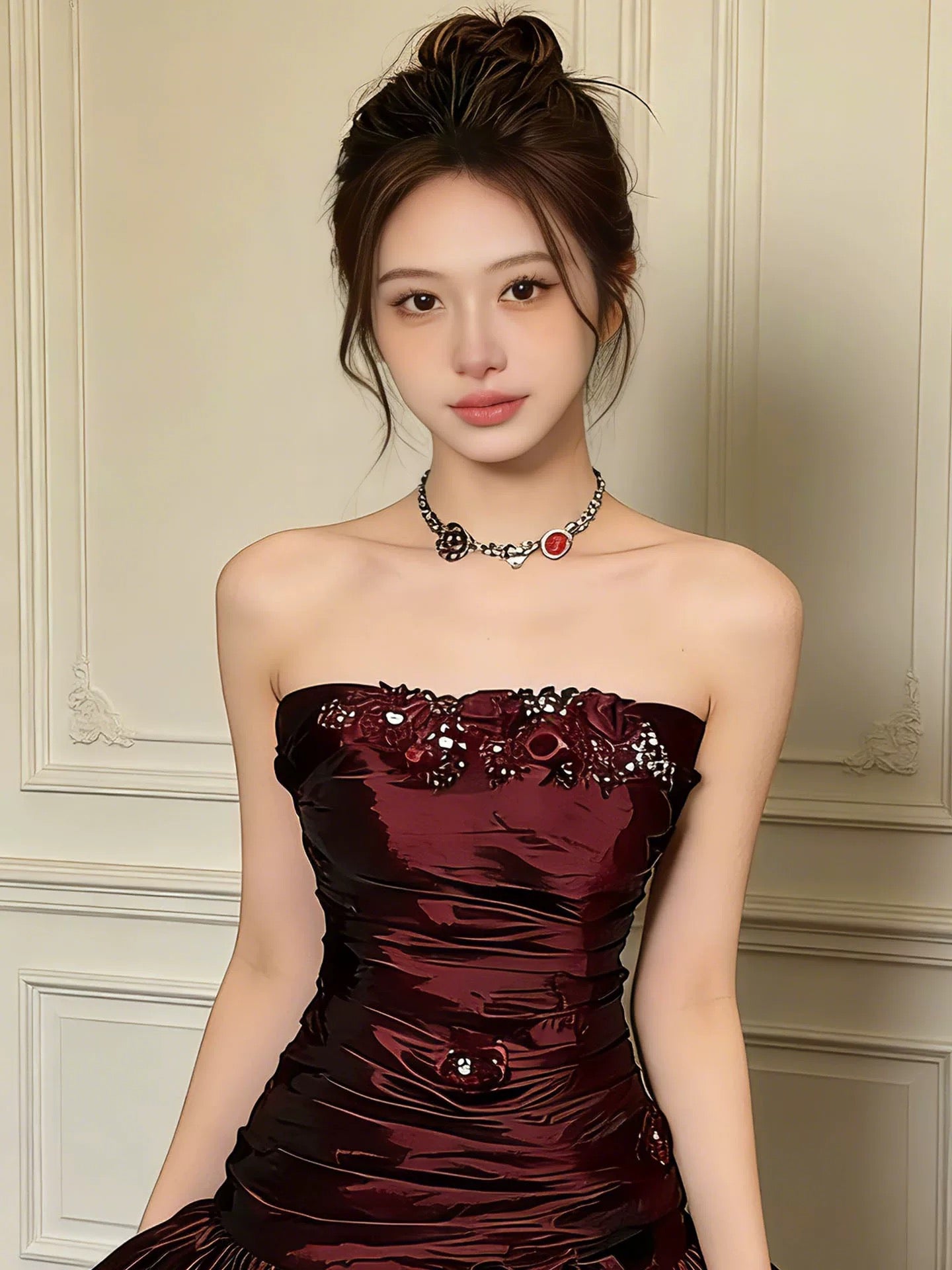Robe de soirée bustier vintage en satin bordeaux courte mini Robes de cocktail de bal N4269