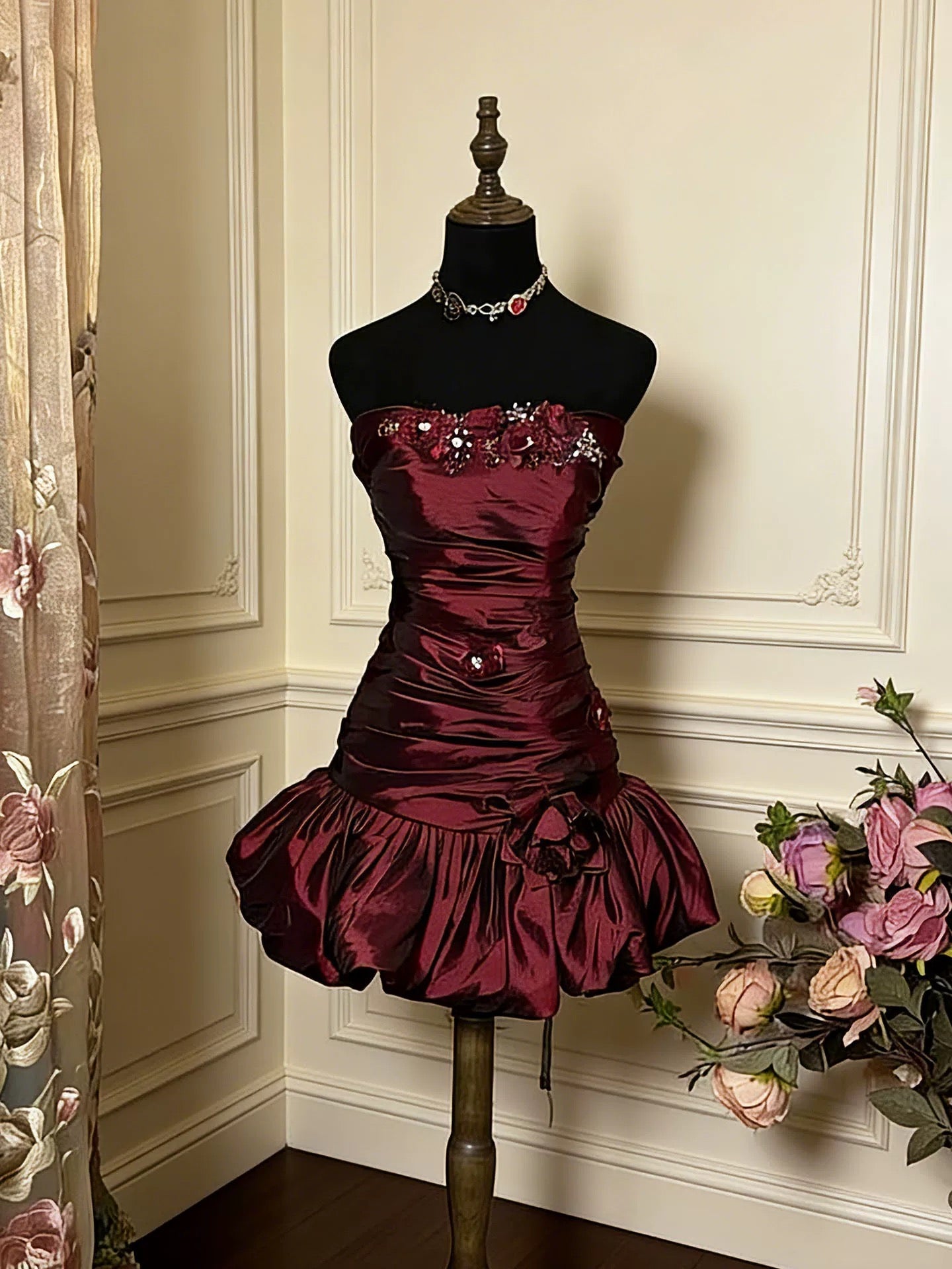 Robe de soirée bustier vintage en satin bordeaux courte mini Robes de cocktail de bal N4269