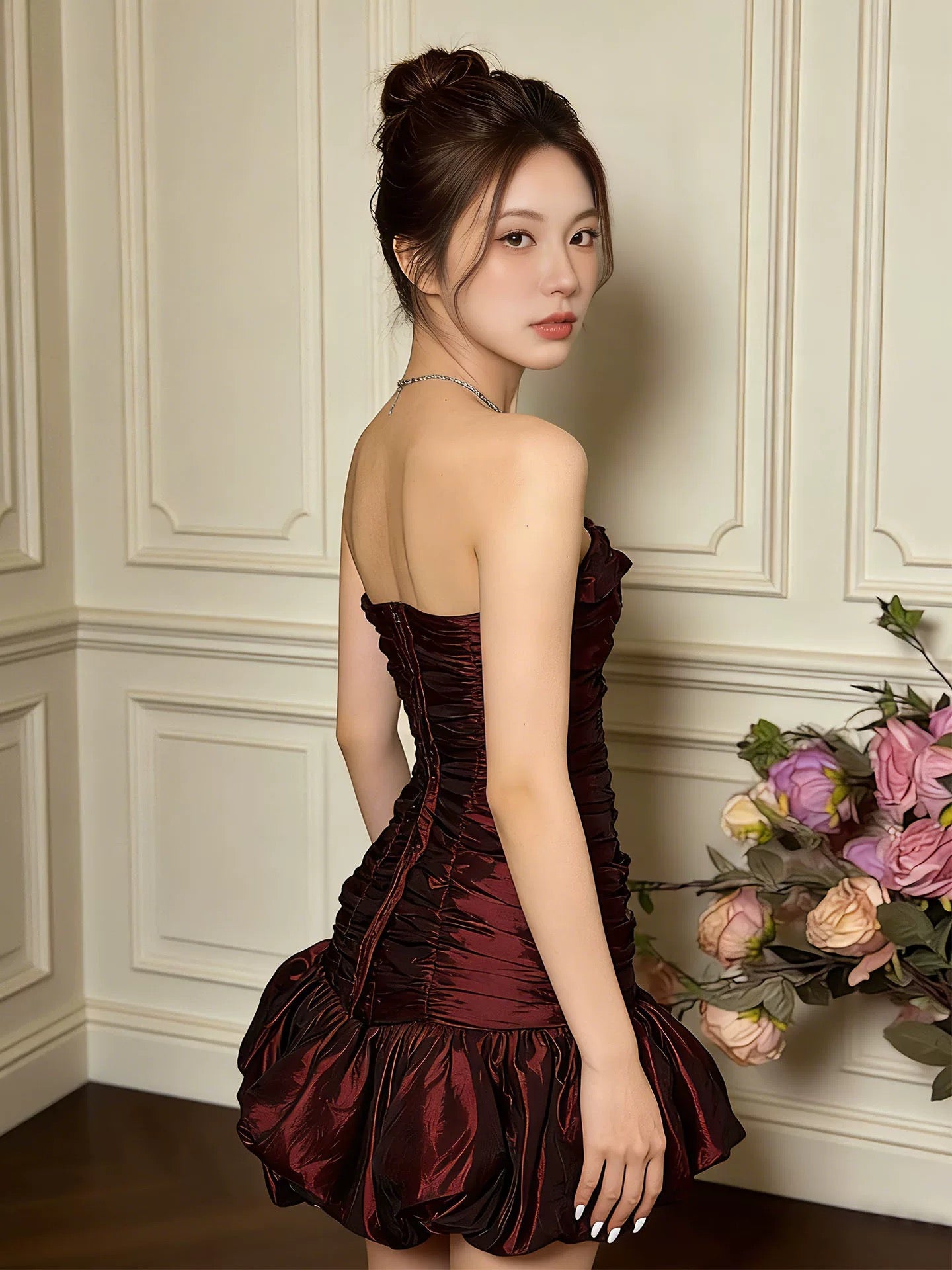 Robe de soirée bustier vintage en satin bordeaux courte mini Robes de cocktail de bal N4269