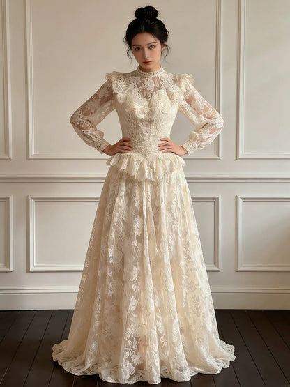 Timeless Wedding Dresses A line High Neck Long Sleeves Lace Summer Wedding Dress N4274