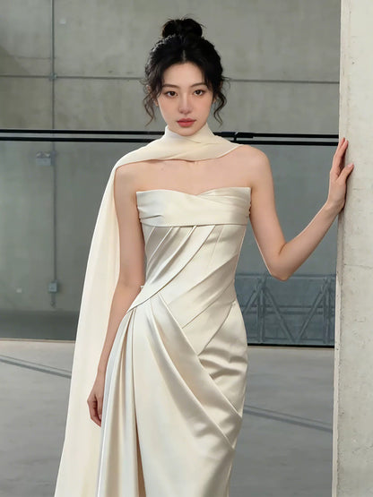 Simple Wedding Dresses Mermaid Strapless Satin Ivory Summer Garden Wedding Dress N4276