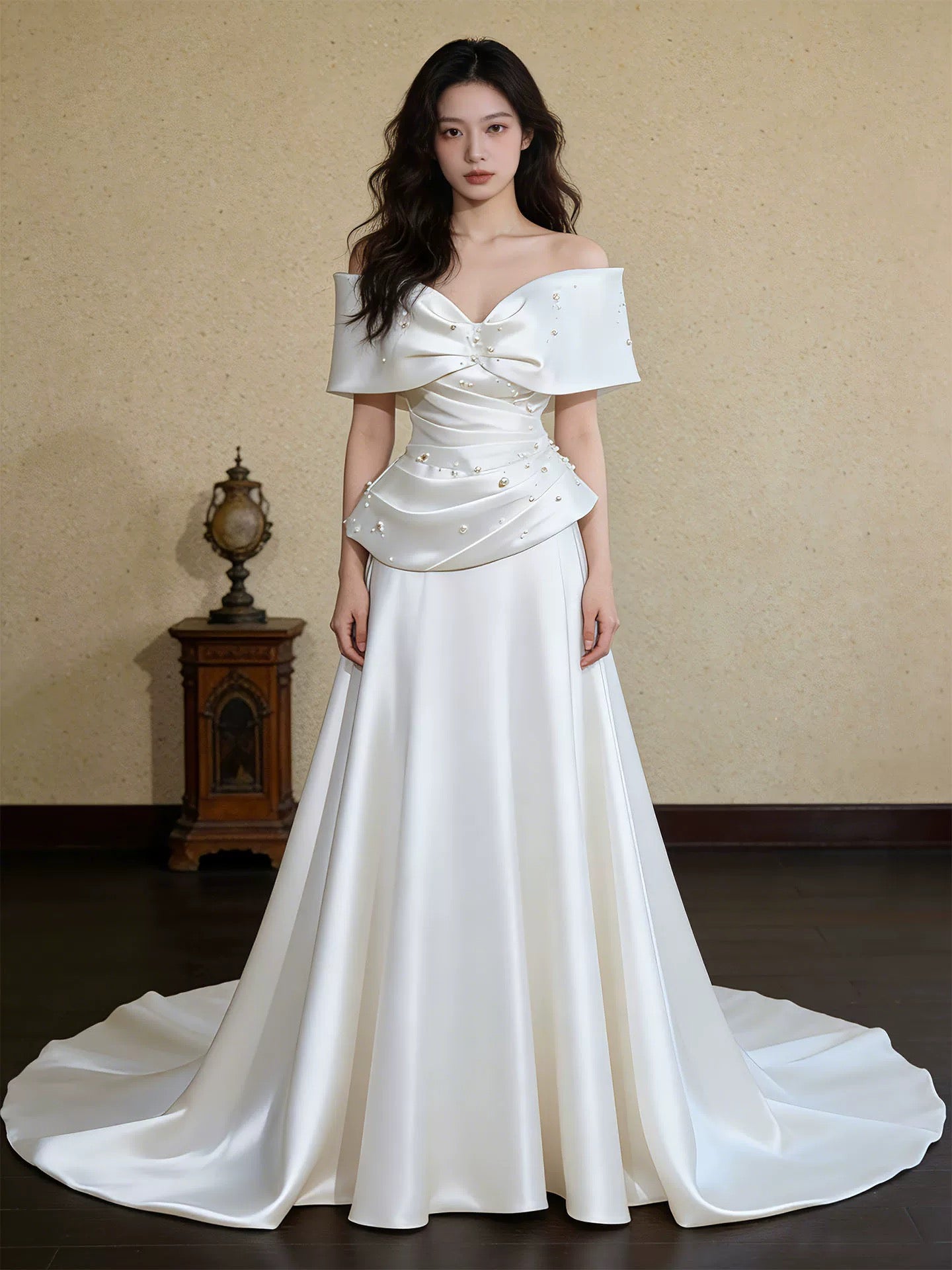 Simple Wedding Dresses A line Off The Shoulder White Satin Summer Garden Wedding Dress N4277