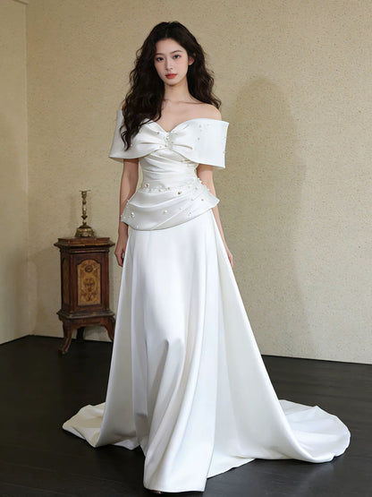 Simple Wedding Dresses A line Off The Shoulder White Satin Summer Garden Wedding Dress N4277