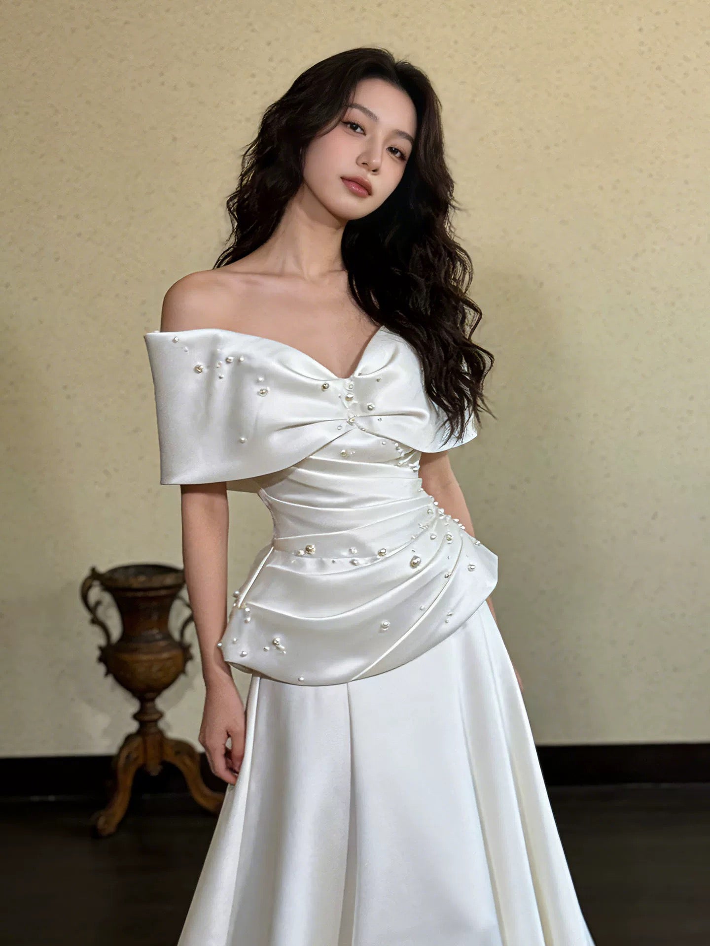 Simple Wedding Dresses A line Off The Shoulder White Satin Summer Garden Wedding Dress N4277