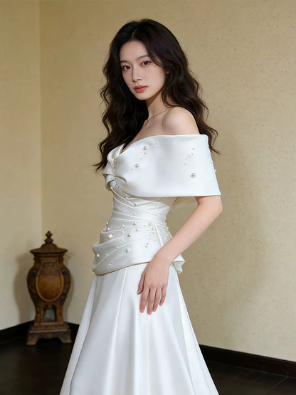 Simple Wedding Dresses A line Off The Shoulder White Satin Summer Garden Wedding Dress N4277
