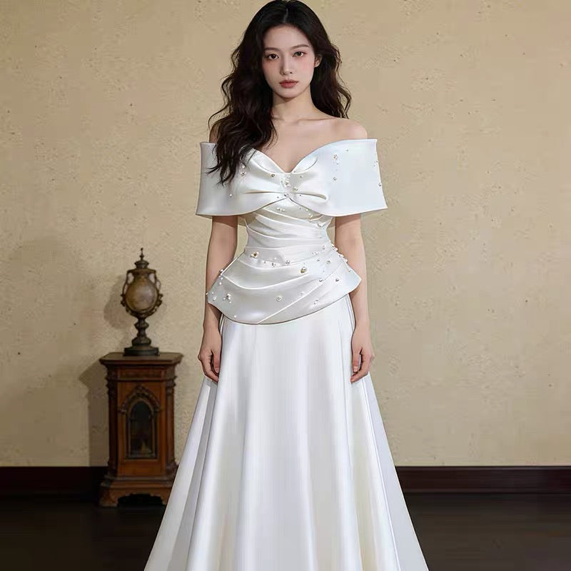 Simple Wedding Dresses A line Off The Shoulder White Satin Summer Garden Wedding Dress N4277
