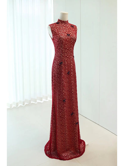 Superbes Robes de Bal Longues en Dentelle Bordeaux N4278, Moulantes et à Col Montant pour Femmes