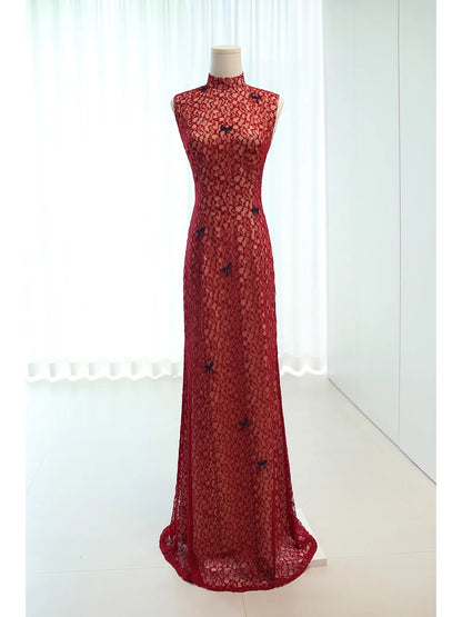 Superbes Robes de Bal Longues en Dentelle Bordeaux N4278, Moulantes et à Col Montant pour Femmes