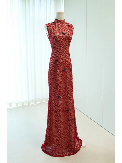 Superbes Robes de Bal Longues en Dentelle Bordeaux N4278, Moulantes et à Col Montant pour Femmes