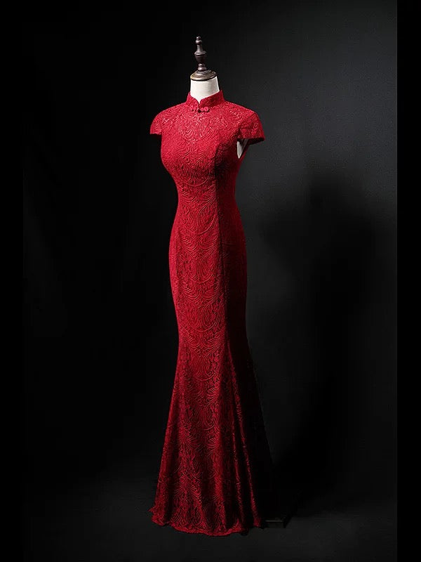 Atemberaubendes Meerjungfrau-Abendkleid mit hohem Halsausschnitt, kurzen Ärmeln, Spitze und langer Schleppe für Damen N4279
