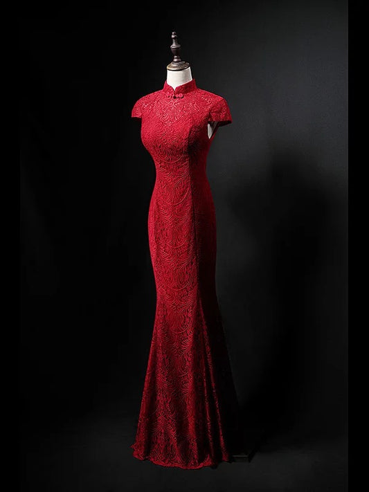 Stunning Mermaid High Neck Red Short Sleeves Lace Long Prom Dresses For Women N4279