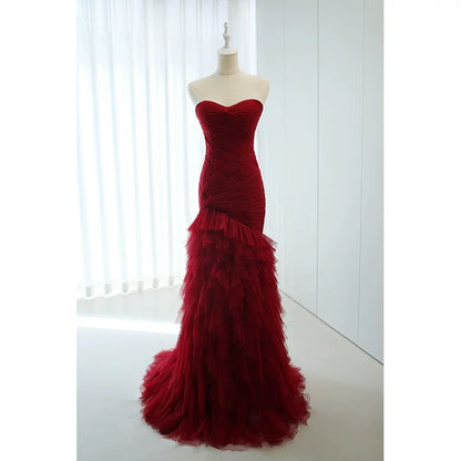 Robe de bal longue formelle élégante de 18e anniversaire en tulle bordeaux sirène mignonne N4140