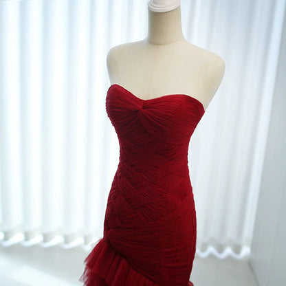 Robe de bal longue formelle élégante de 18e anniversaire en tulle bordeaux sirène mignonne N4140