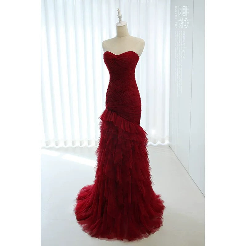 Robe de bal longue formelle élégante de 18e anniversaire en tulle bordeaux sirène mignonne N4140