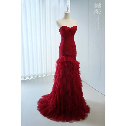 Robe de bal longue formelle élégante de 18e anniversaire en tulle bordeaux sirène mignonne N4140