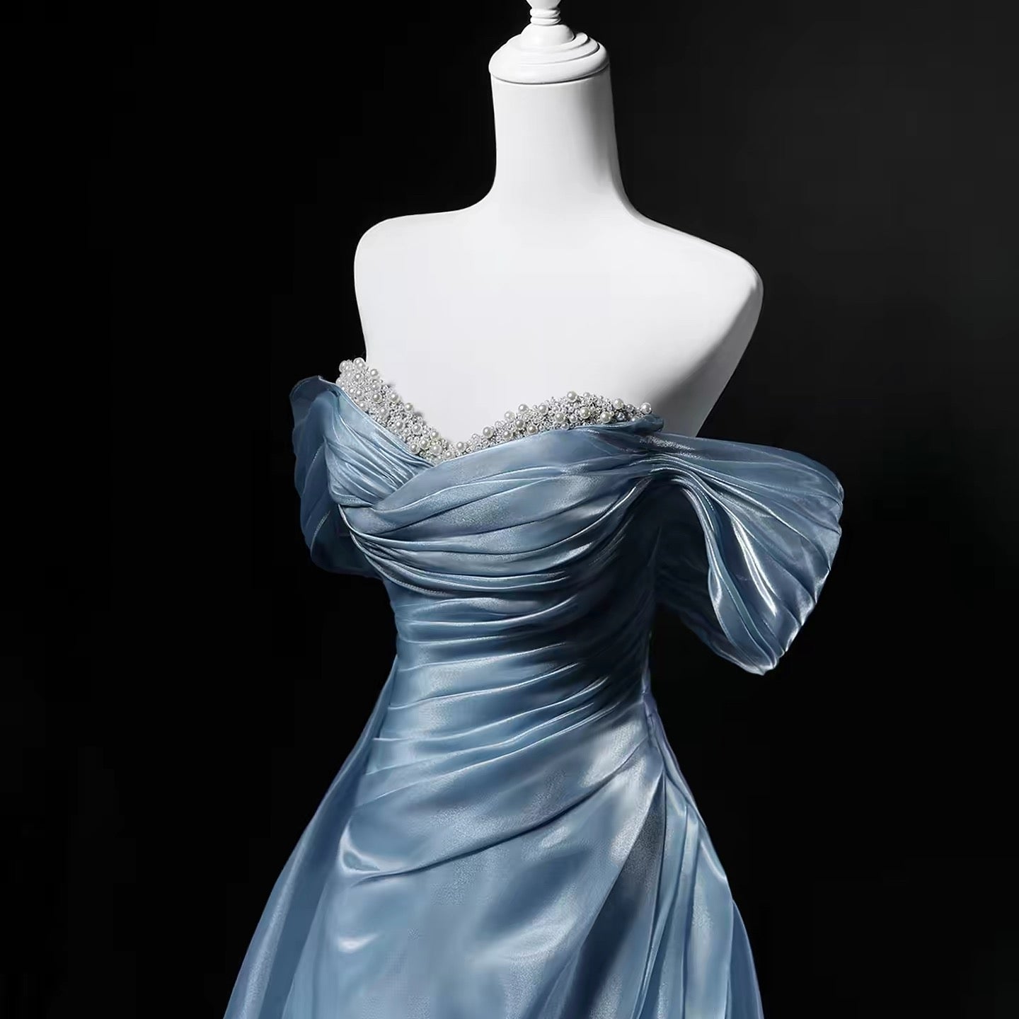 Modest Ball Gowns Off The Shoulder Blue Short Sleeves Birthday Elegant Outfit Formal Long Prom Dresses N4142