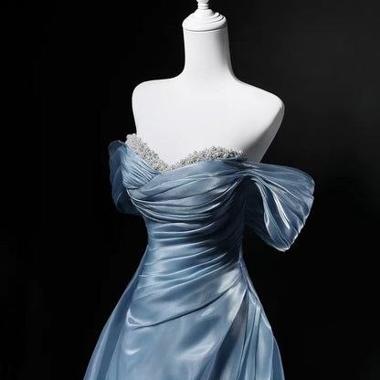 Modest Ball Gowns Off The Shoulder Blue Short Sleeves Birthday Elegant Outfit Formal Long Prom Dresses N4142