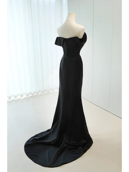 Charmante robe de sirène noire à épaules dénudées avec manches pour l'été, pour un 19e anniversaire, tenue élégante, robe d'invitée de mariage N4145
