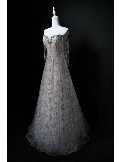 Funkelndes Ballkleid Trägerlos Pailletten Grau Geburtstag Mit Perlen Elegant Outfit Formelle Abschlussballkleider N4145