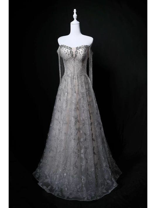 Sparkly Ball Gown Strapless Sequin Gray Birthday With Beaded Elegant Outfit Formal Prom Dresses N4145