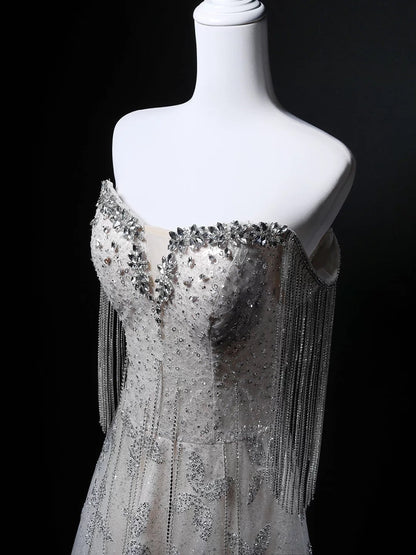 Funkelndes Ballkleid Trägerlos Pailletten Grau Geburtstag Mit Perlen Elegant Outfit Formelle Abschlussballkleider N4145