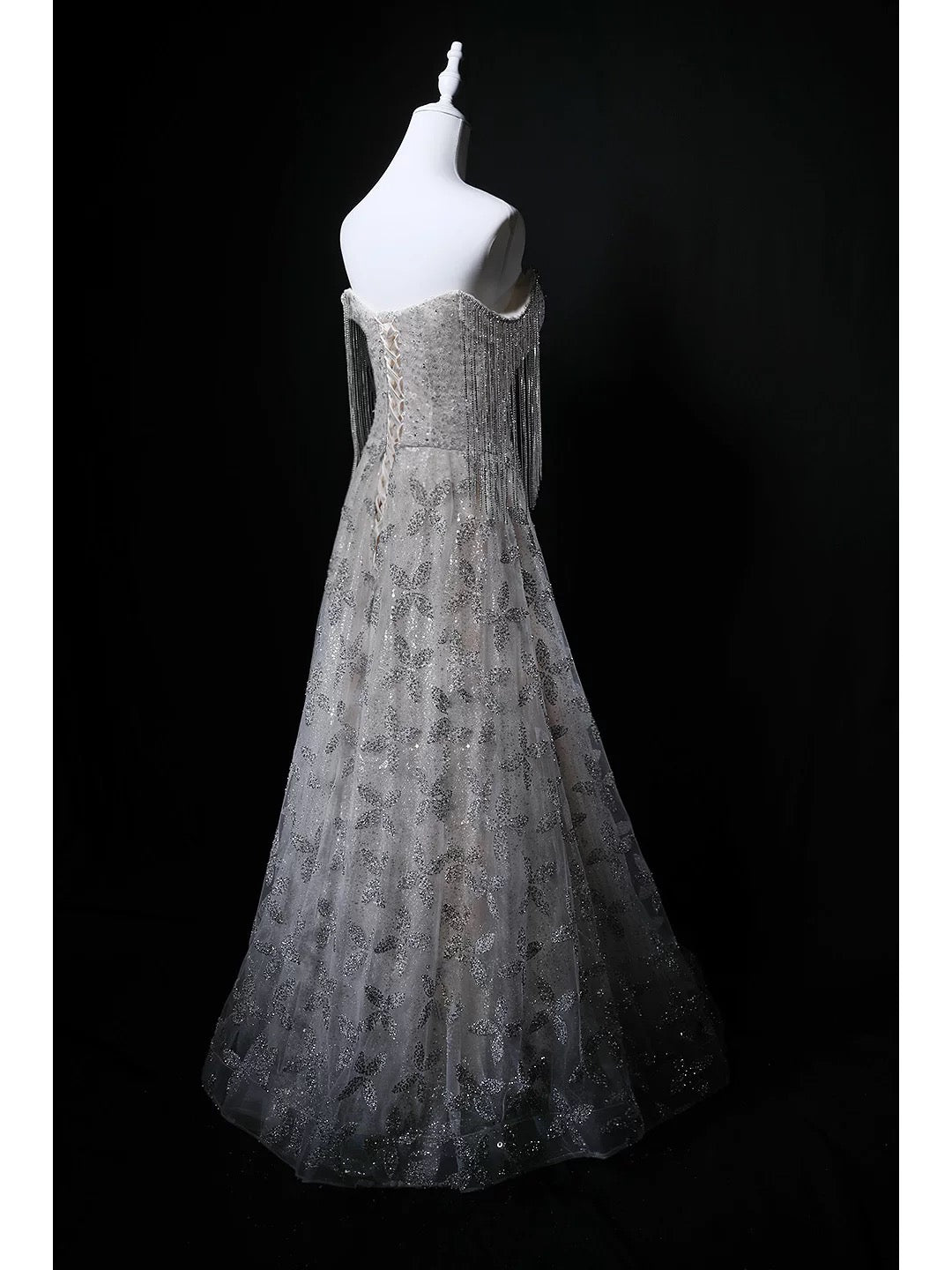 Funkelndes Ballkleid Trägerlos Pailletten Grau Geburtstag Mit Perlen Elegant Outfit Formelle Abschlussballkleider N4145