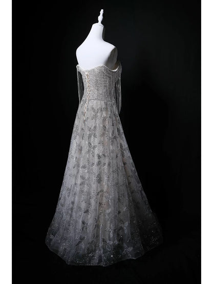 Funkelndes Ballkleid Trägerlos Pailletten Grau Geburtstag Mit Perlen Elegant Outfit Formelle Abschlussballkleider N4145