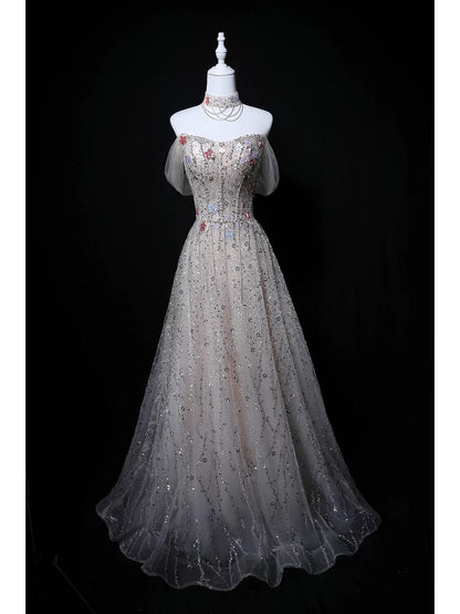 Glitzerndes Ballkleid schulterfrei Pailletten Grau Geburtstag mit Perlen Elegantes Outfit Formelle Abschlussballkleider N4146