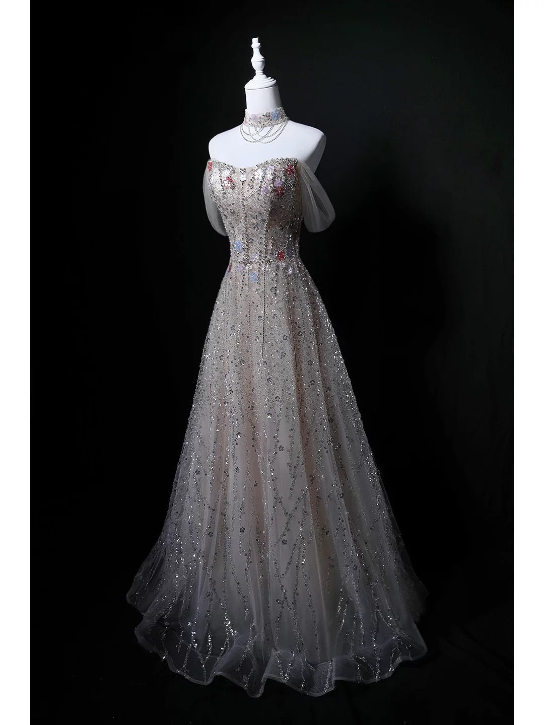 Glitzerndes Ballkleid schulterfrei Pailletten Grau Geburtstag mit Perlen Elegantes Outfit Formelle Abschlussballkleider N4146