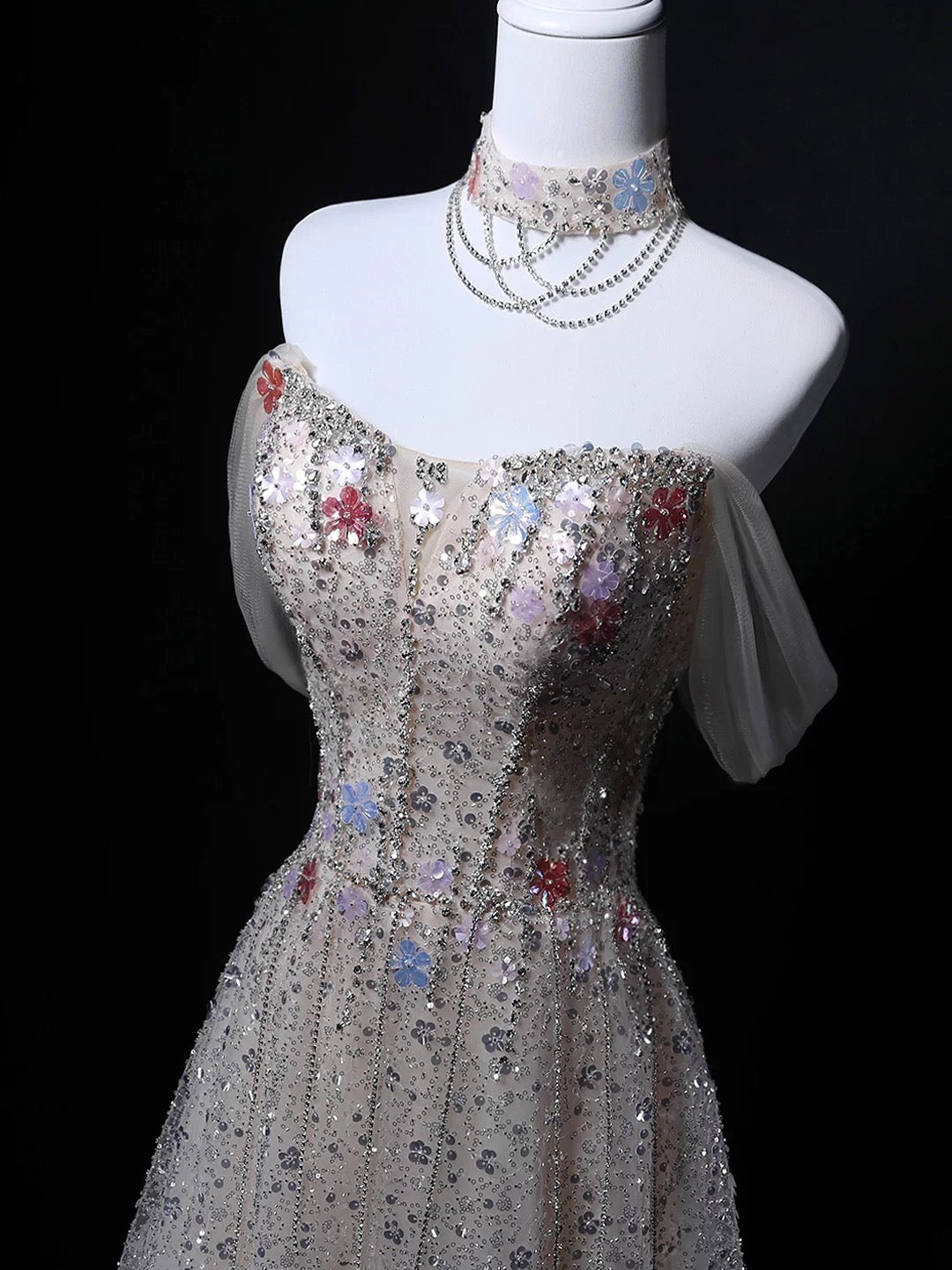 Glitzerndes Ballkleid schulterfrei Pailletten Grau Geburtstag mit Perlen Elegantes Outfit Formelle Abschlussballkleider N4146