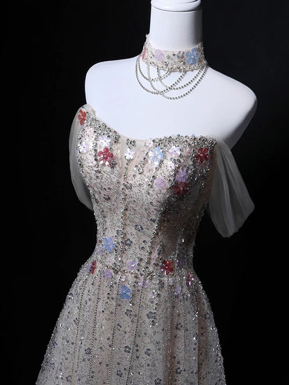 Glitzerndes Ballkleid schulterfrei Pailletten Grau Geburtstag mit Perlen Elegantes Outfit Formelle Abschlussballkleider N4146