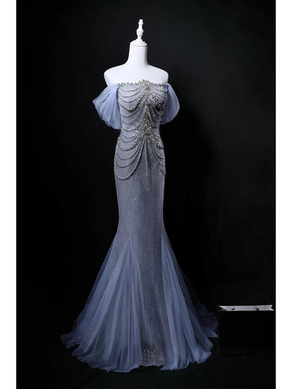 Robe de bal formelle élégante à paillettes bleues avec perles et épaules dénudées, style sirène scintillante, pour anniversaire, modèle N4148