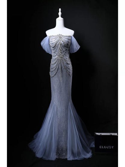 Robe de bal formelle élégante à paillettes bleues avec perles et épaules dénudées, style sirène scintillante, pour anniversaire, modèle N4148