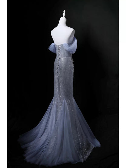 Robe de bal formelle élégante à paillettes bleues avec perles et épaules dénudées, style sirène scintillante, pour anniversaire, modèle N4148