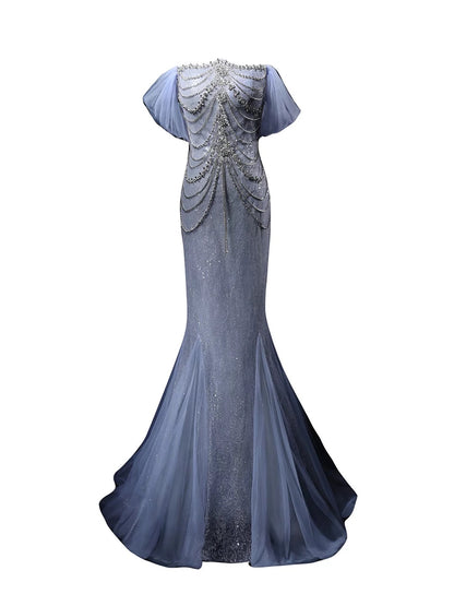 Robe de bal formelle élégante à paillettes bleues avec perles et épaules dénudées, style sirène scintillante, pour anniversaire, modèle N4148