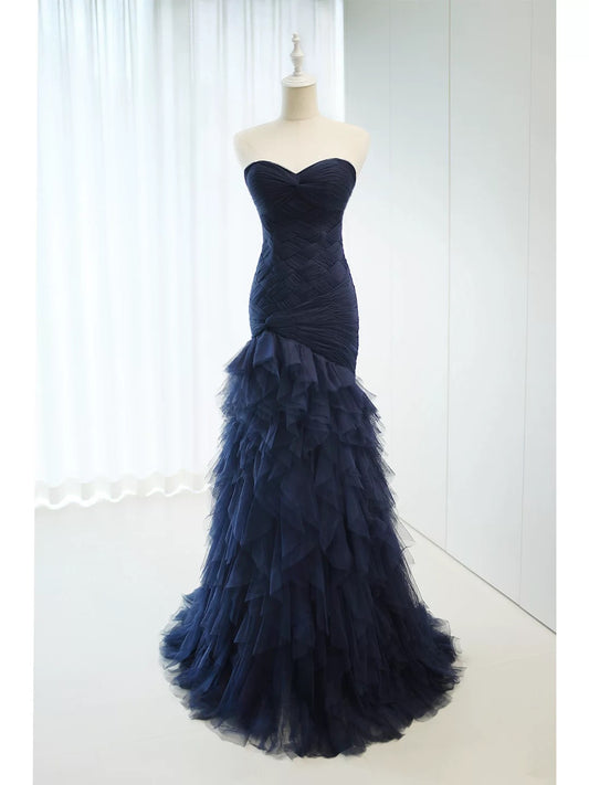 Elegant Mermaid Sweetheart Navy Blue Tulle 18th Birthday Elegant Outfit Formal Long Prom Dresses N4149