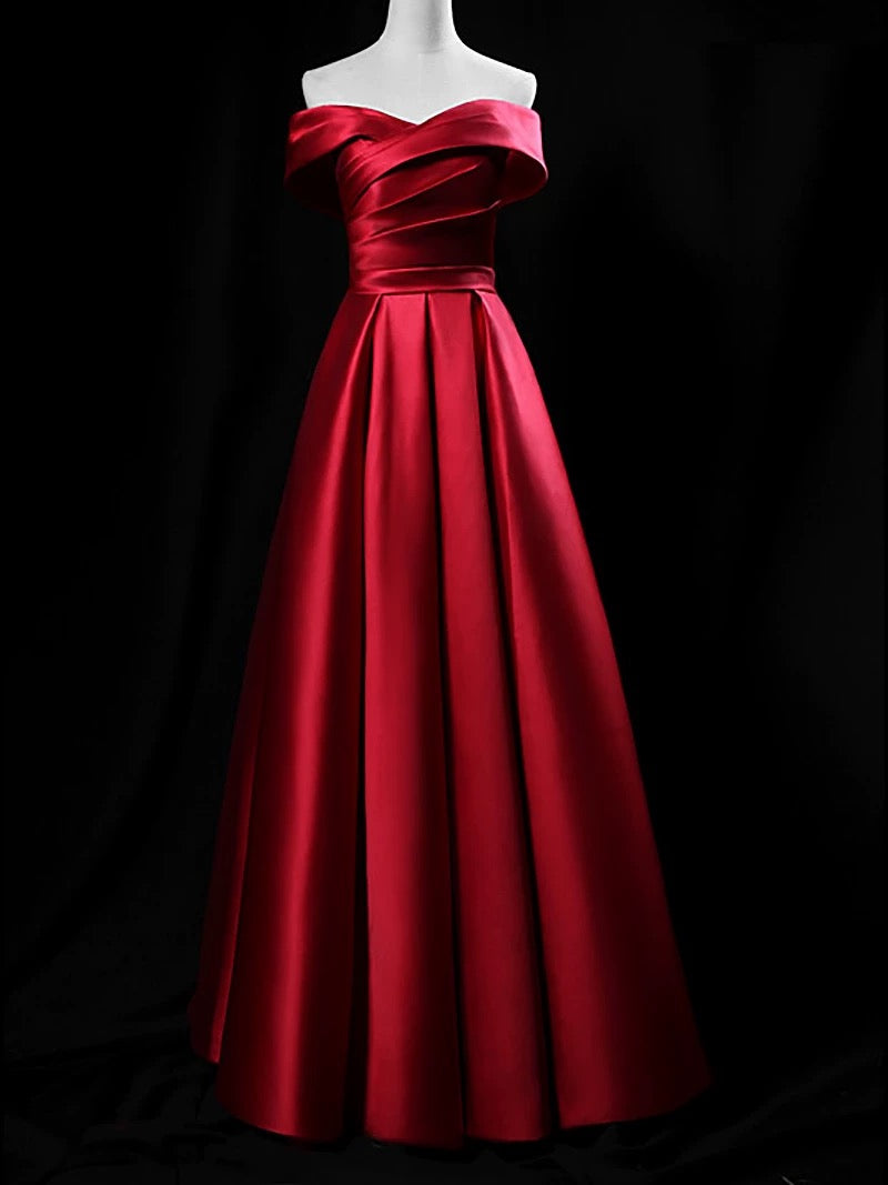 Bescheidenes A-Linien-Kleid schulterfrei aus rotem Satin zum 18. Geburtstag, elegantes Outfit, formelles langes Ballkleid N4150