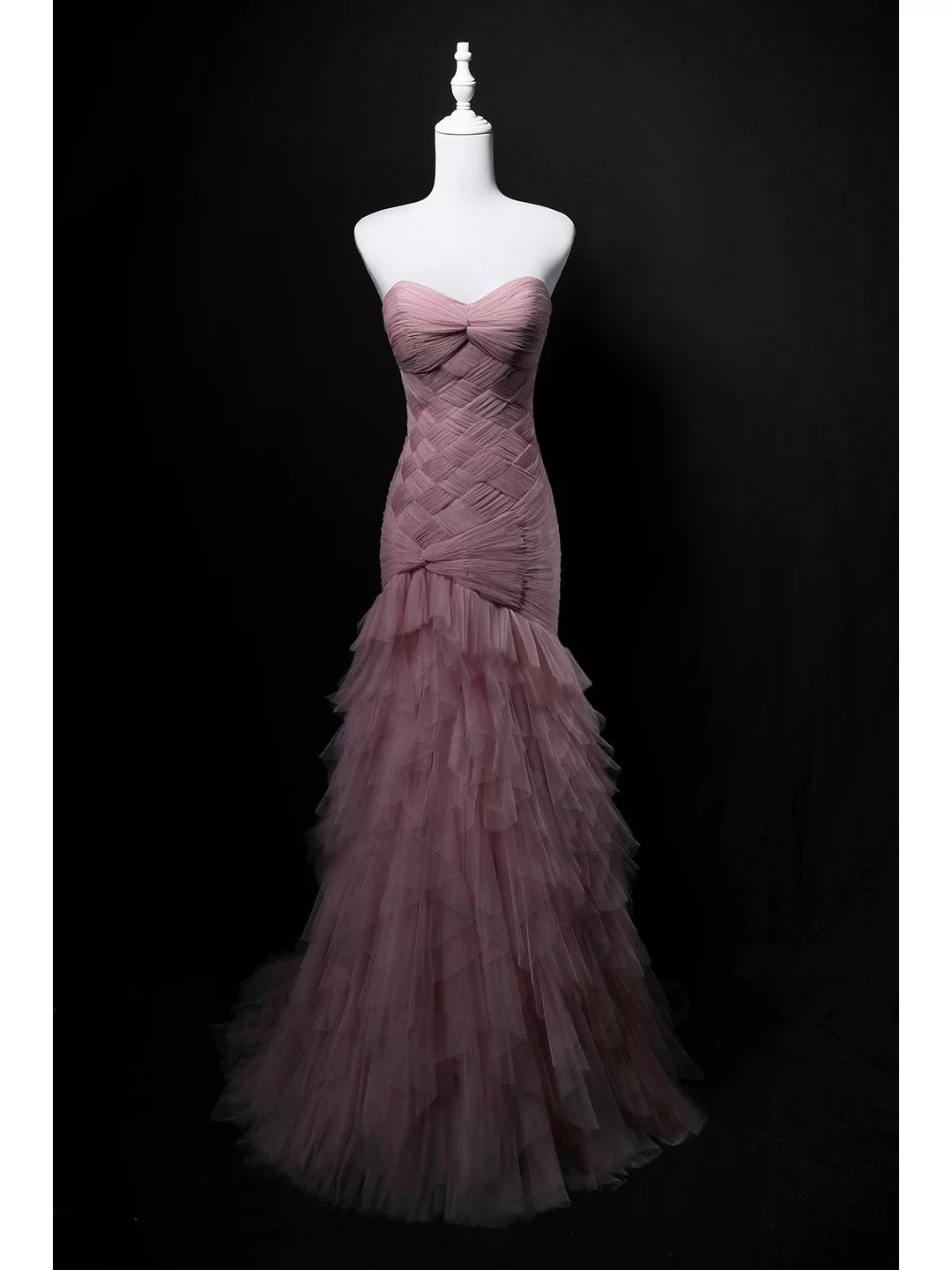 Elegantes Meerjungfrau-Sweetheart-Kleid aus pinkem Tüll mit Falten zum 18. Geburtstag, elegantes Outfit, formelle lange Ballkleider N4153