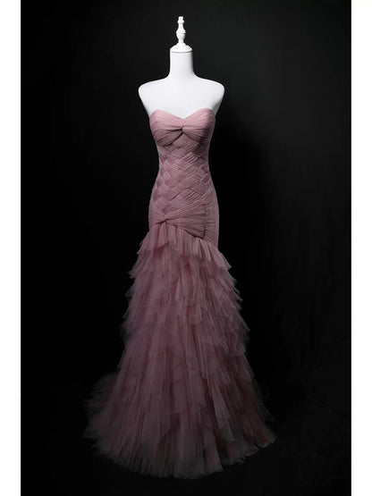 Elegantes Meerjungfrau-Sweetheart-Kleid aus pinkem Tüll mit Falten zum 18. Geburtstag, elegantes Outfit, formelle lange Ballkleider N4153