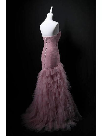 Elegantes Meerjungfrau-Sweetheart-Kleid aus pinkem Tüll mit Falten zum 18. Geburtstag, elegantes Outfit, formelle lange Ballkleider N4153