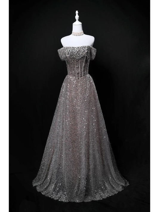 Sparkly Ball Gown Off The Shoulder Sequin Birthday With Beaded Elegant Outfit Formal Prom Dresses N4156