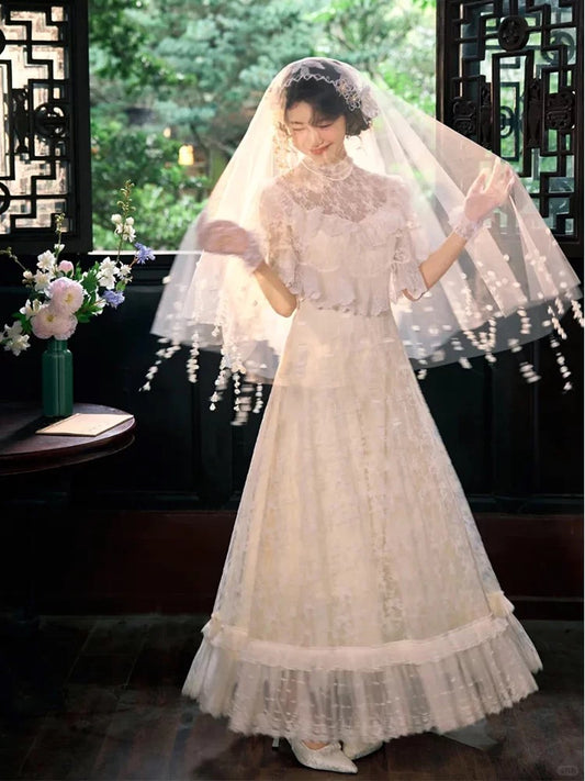 French Style Wedding Dresses A line High Neck White Lace Long Summer Garden Wedding Dress N4158