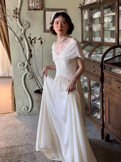 French Style Wedding Dresses A line V Neck White Lace Chiffon Long Summer Garden Wedding Dress N4159