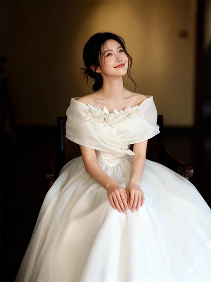 Simple Ball Gowns Off The Shoulder White With Cap Sleeves Tulle Garden Wedding Dresses RB3709