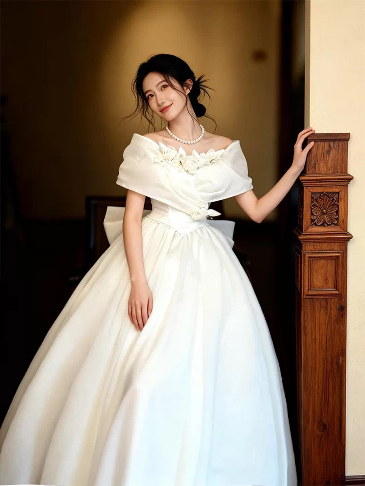 Simple Ball Gowns Off The Shoulder White With Cap Sleeves Tulle Garden Wedding Dresses RB3709