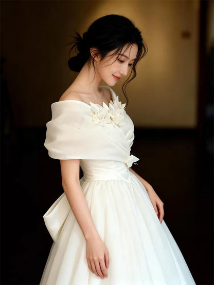 Simple Ball Gowns Off The Shoulder White With Cap Sleeves Tulle Garden Wedding Dresses RB3709