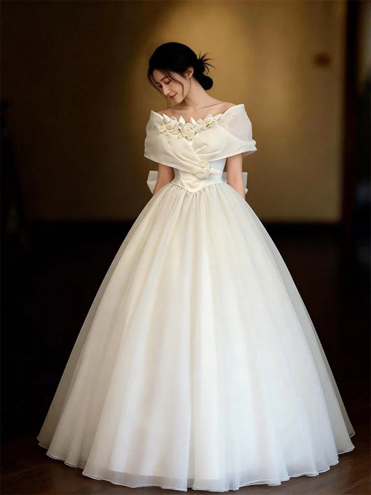Simple Ball Gowns Off The Shoulder White With Cap Sleeves Tulle Garden Wedding Dresses RB3709