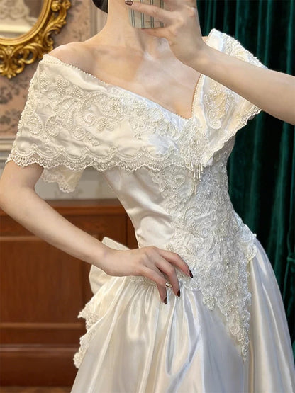 Vintage A line Off The Shoulder With Short Sleeves Lace Satin Summer Brides Dress White Wedding Dresses RB3711
